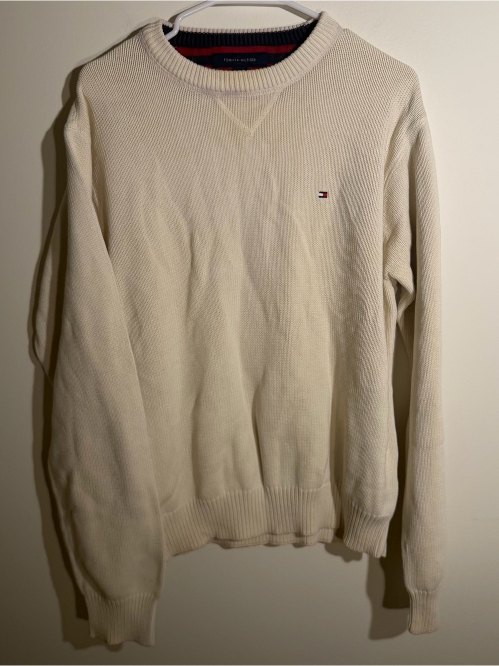 Tommy Hilfiger Men's Ivory Crewneck Sweater with Flag Logo